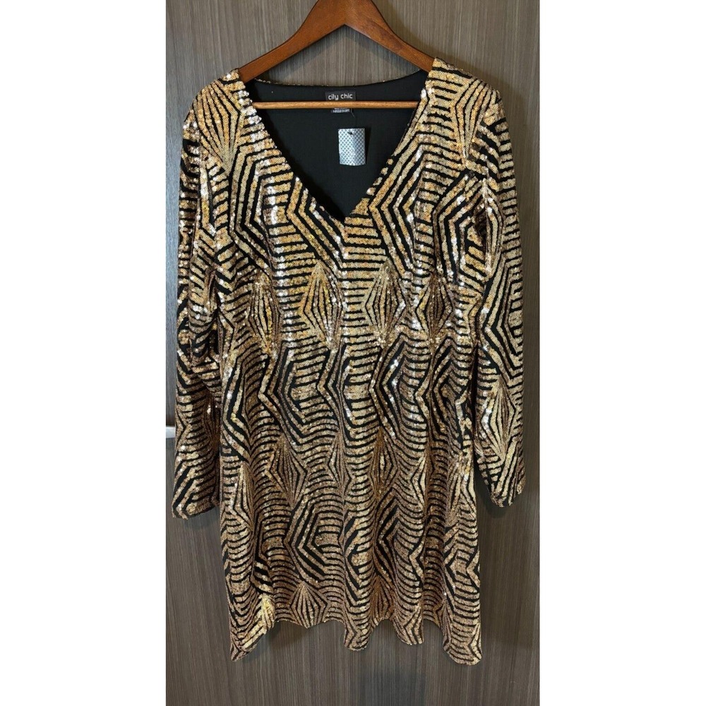 City Chic Bright Lights Dress Women's 20 Black Lined Sequin V-Neck Long Sleeve